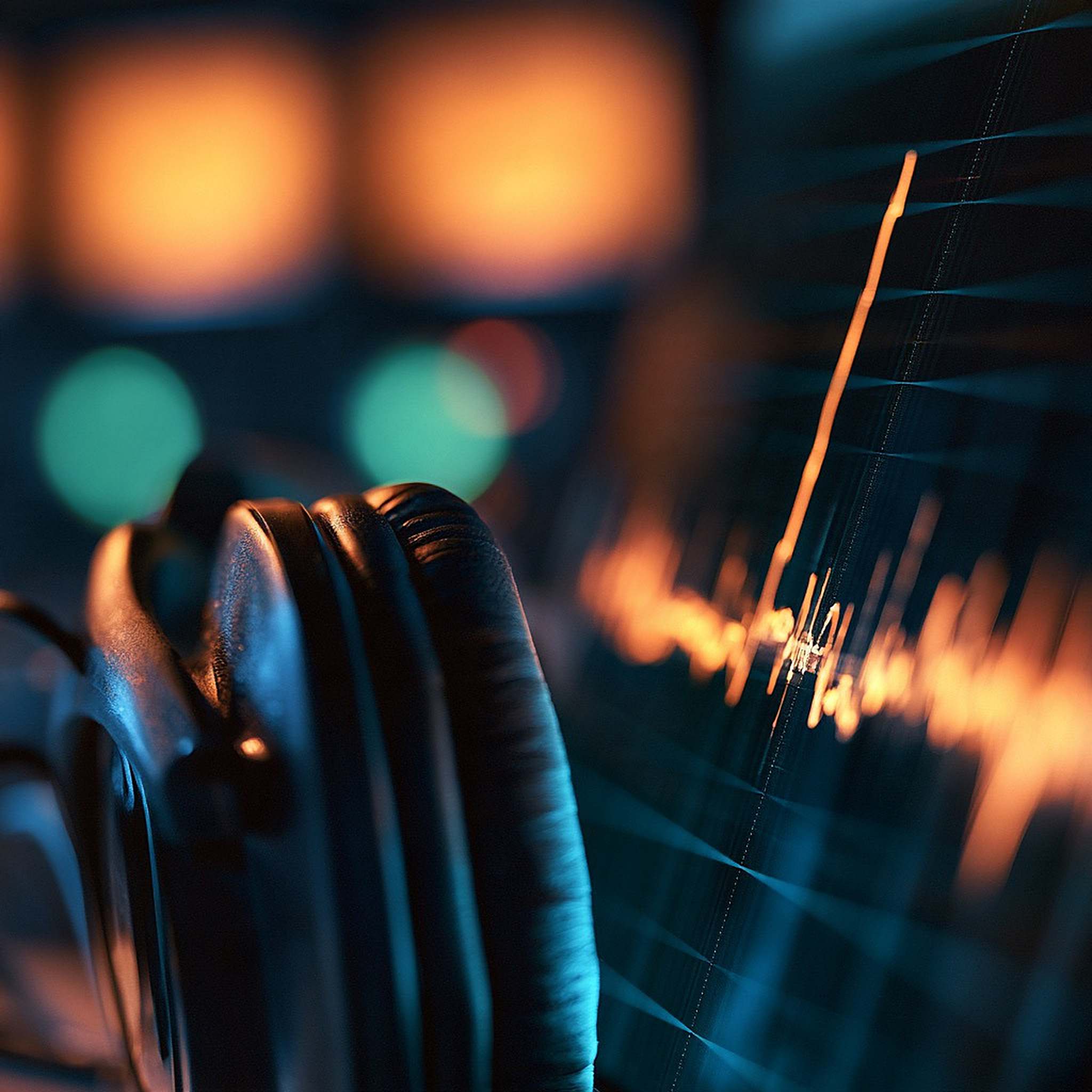 An audio waveform glows on a screen behind a studio headphone.