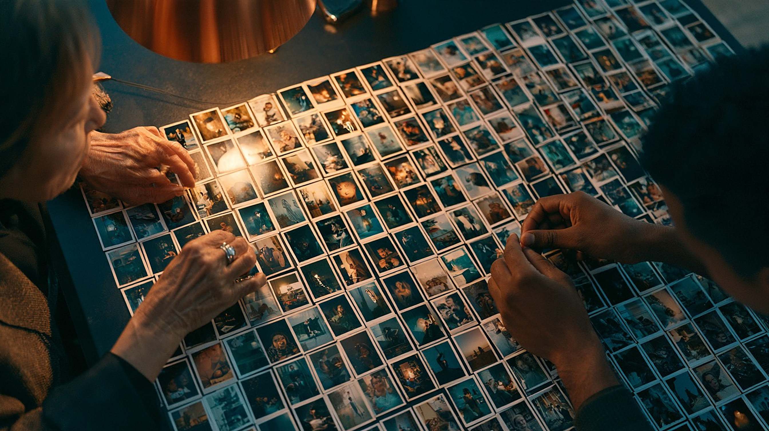 Two people arrange a large grid of matching film stills on a dark table.