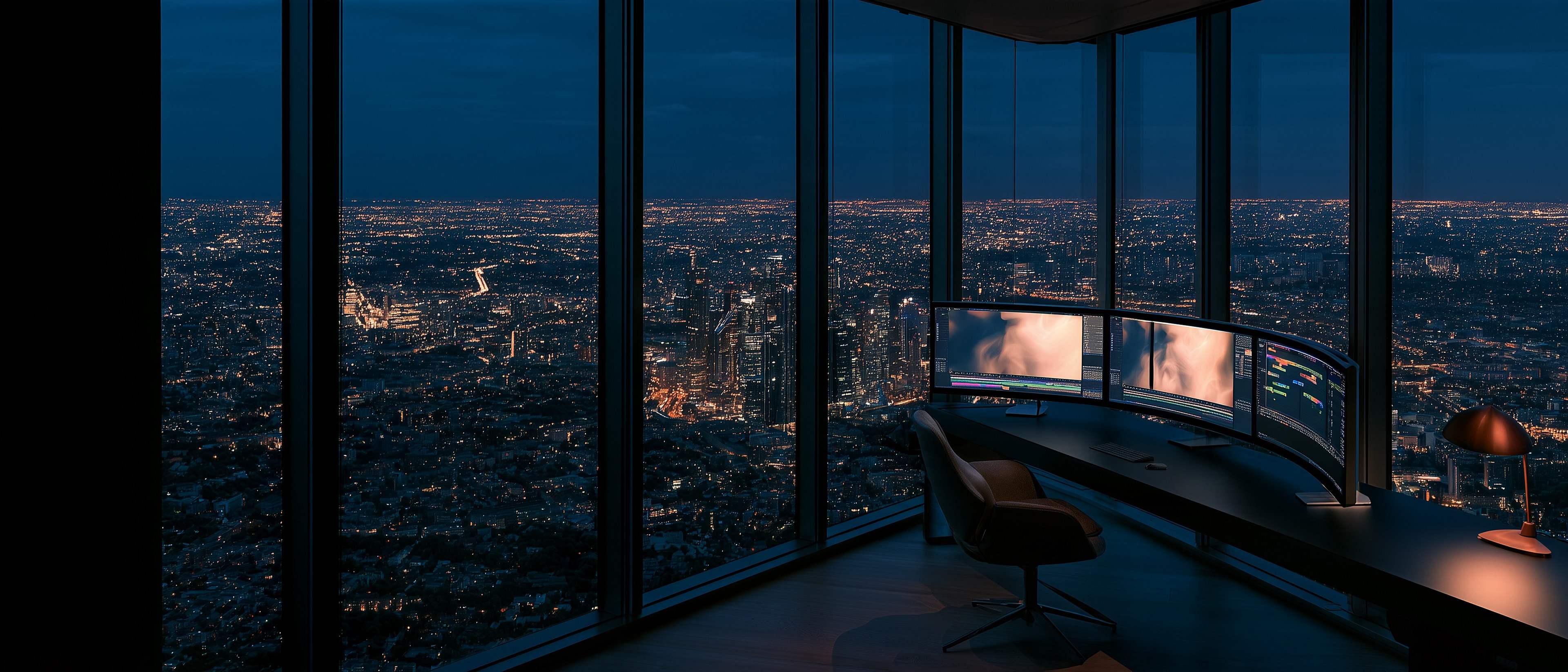 An editing suite with glowing monitors looks out over a city skyline at blue hour.