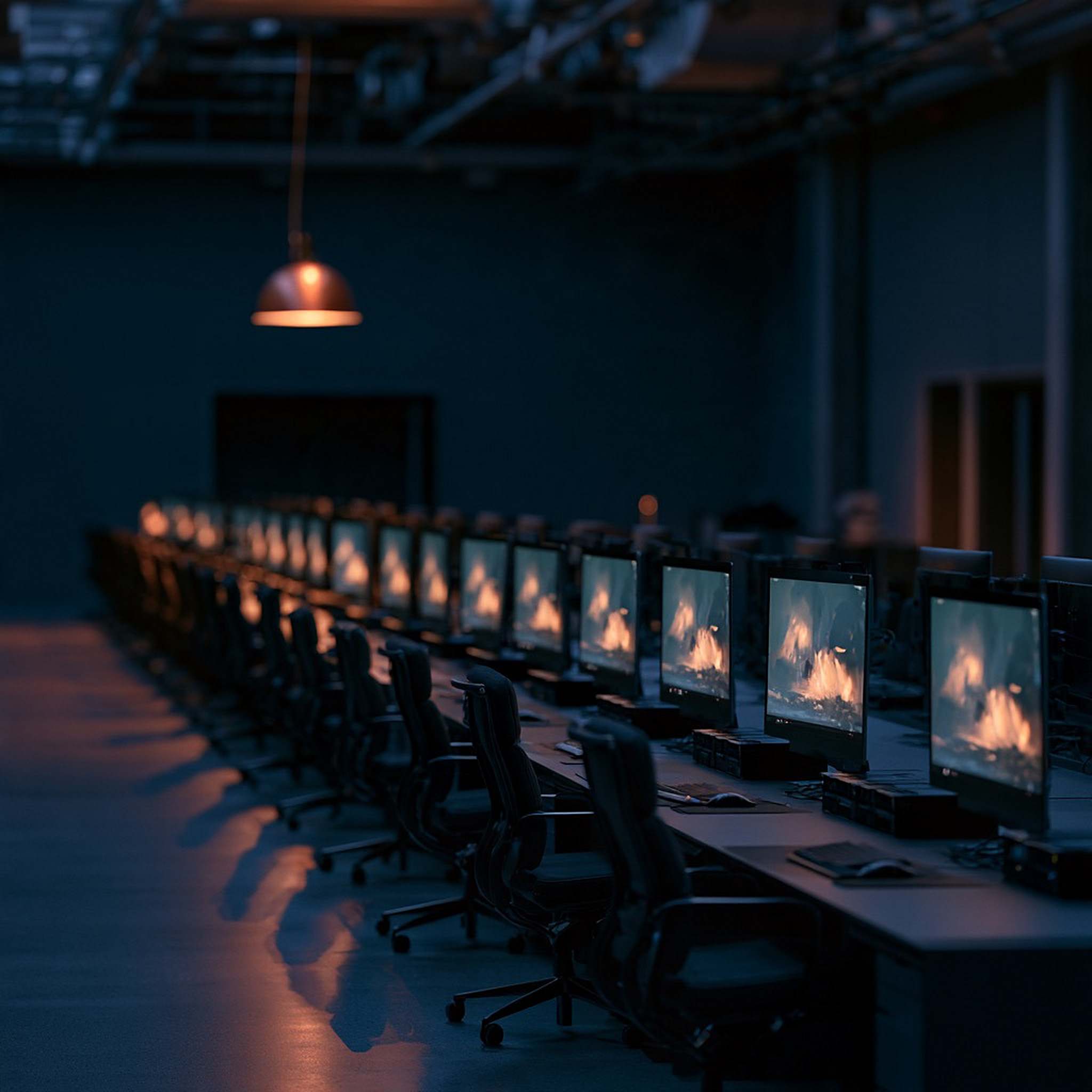 A long row of matching editing workstations glows in a dark studio.
