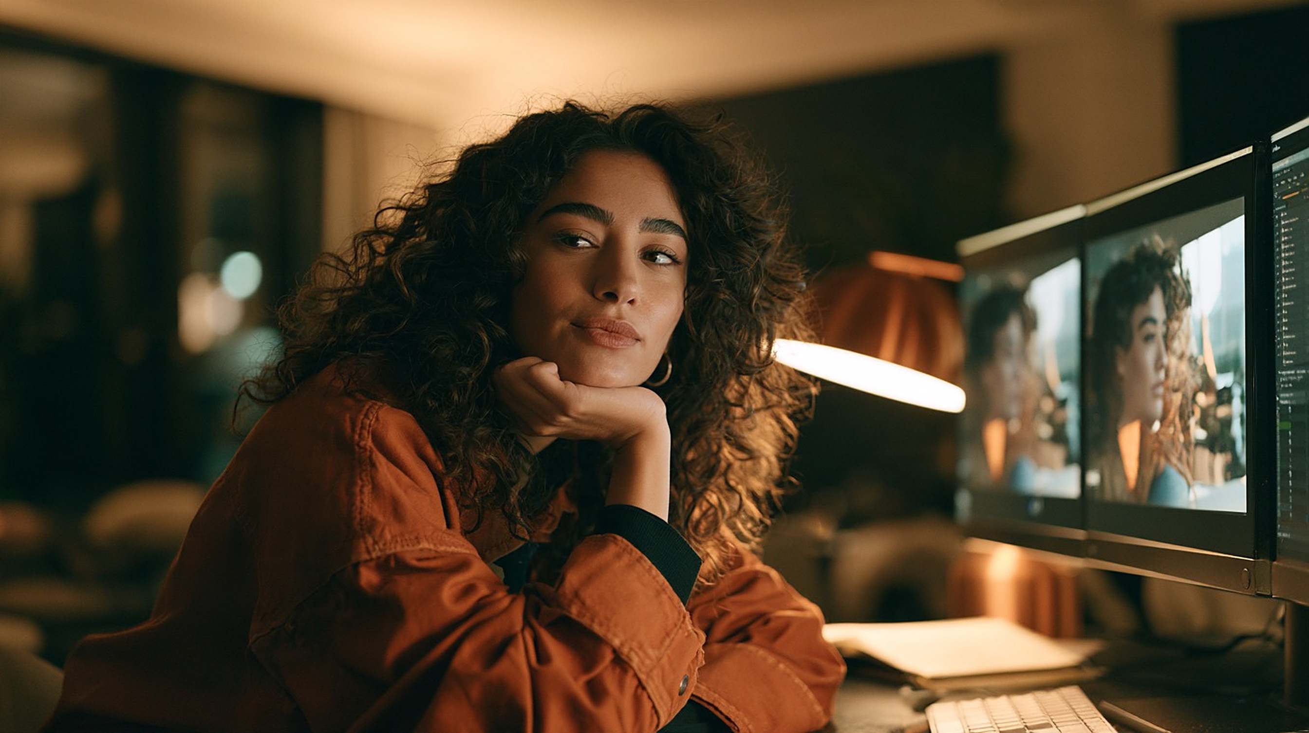 An editor rests her chin on her hand, comparing two near-identical frames on her monitors.