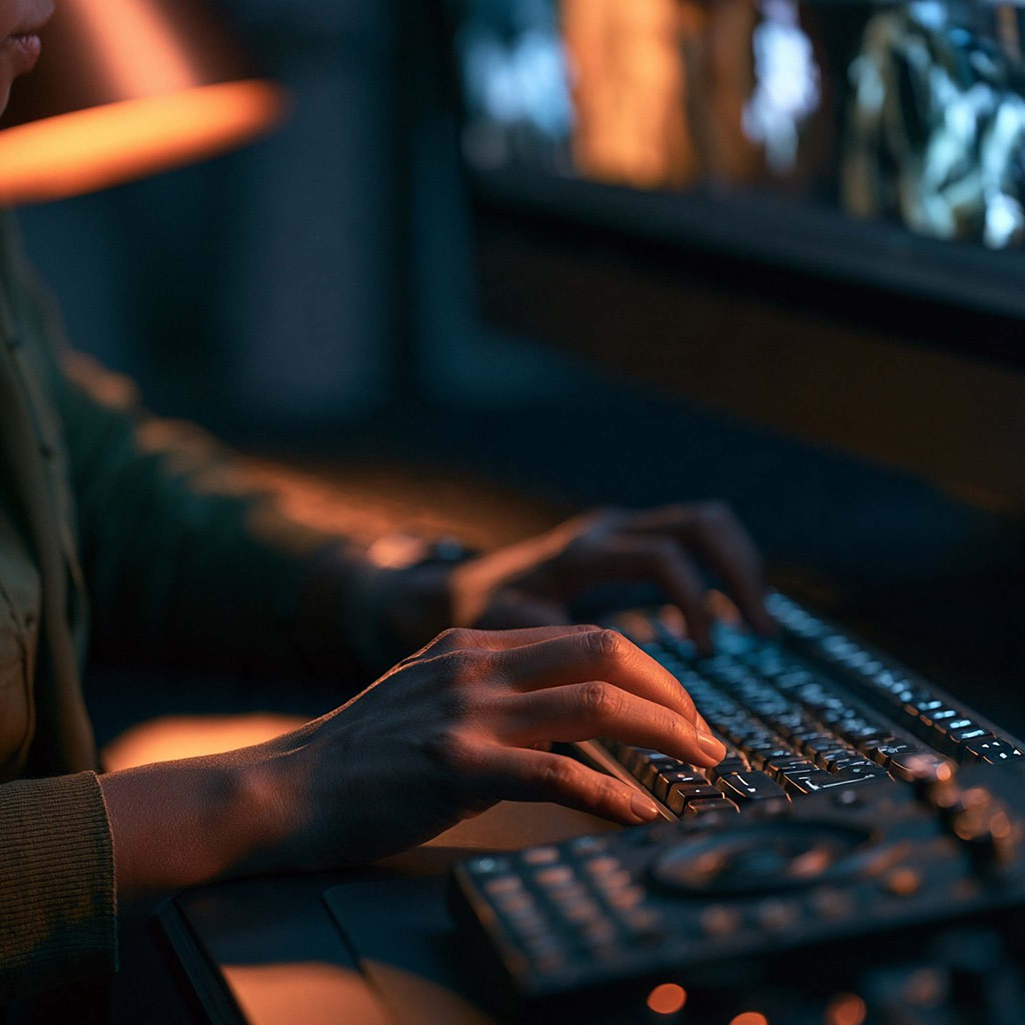 An editor’s hands rest on a backlit editing keyboard beneath a glowing screen.