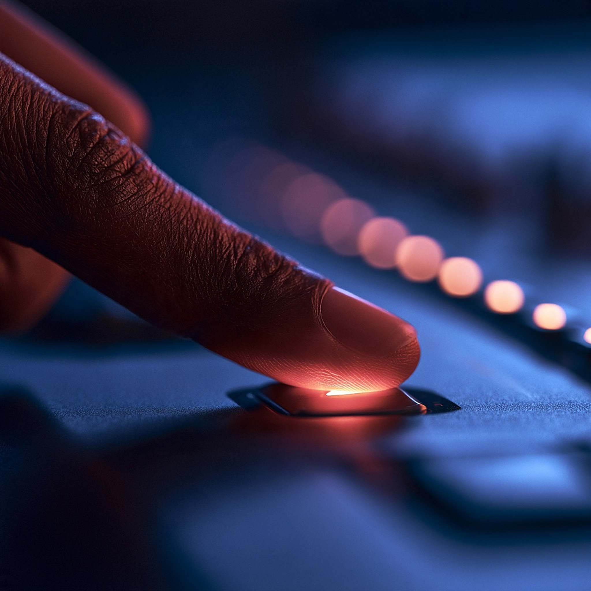 A finger presses a softly glowing key on a control surface.