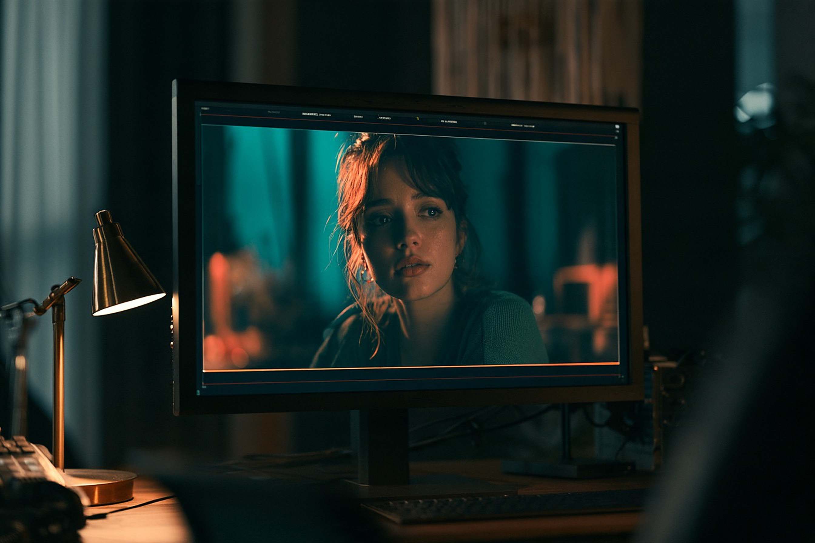 A finished film frame glows on a calibrated monitor in a dark suite beside a brass lamp.