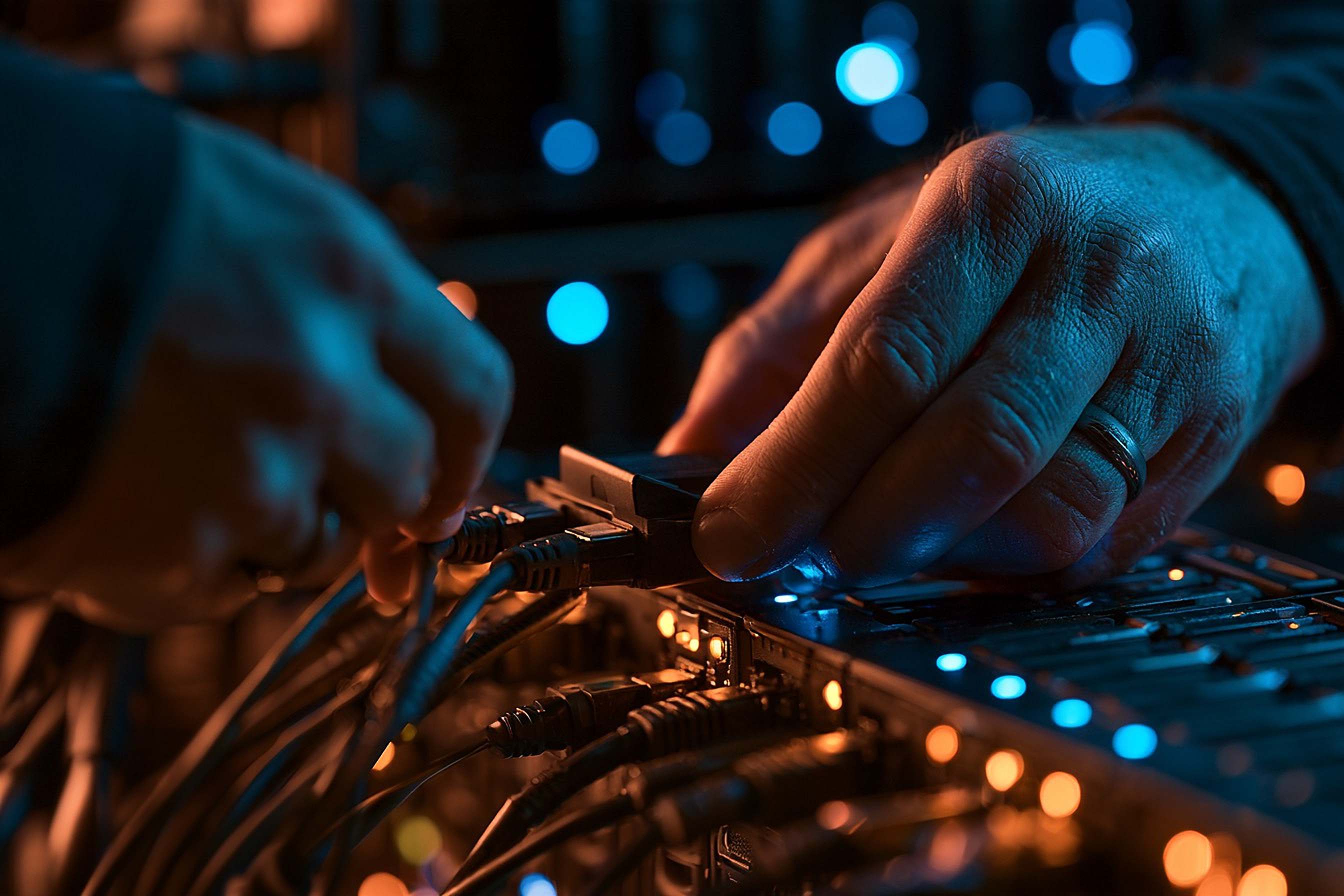 Hands connect camera media to a rack of storage with small status lights glowing.