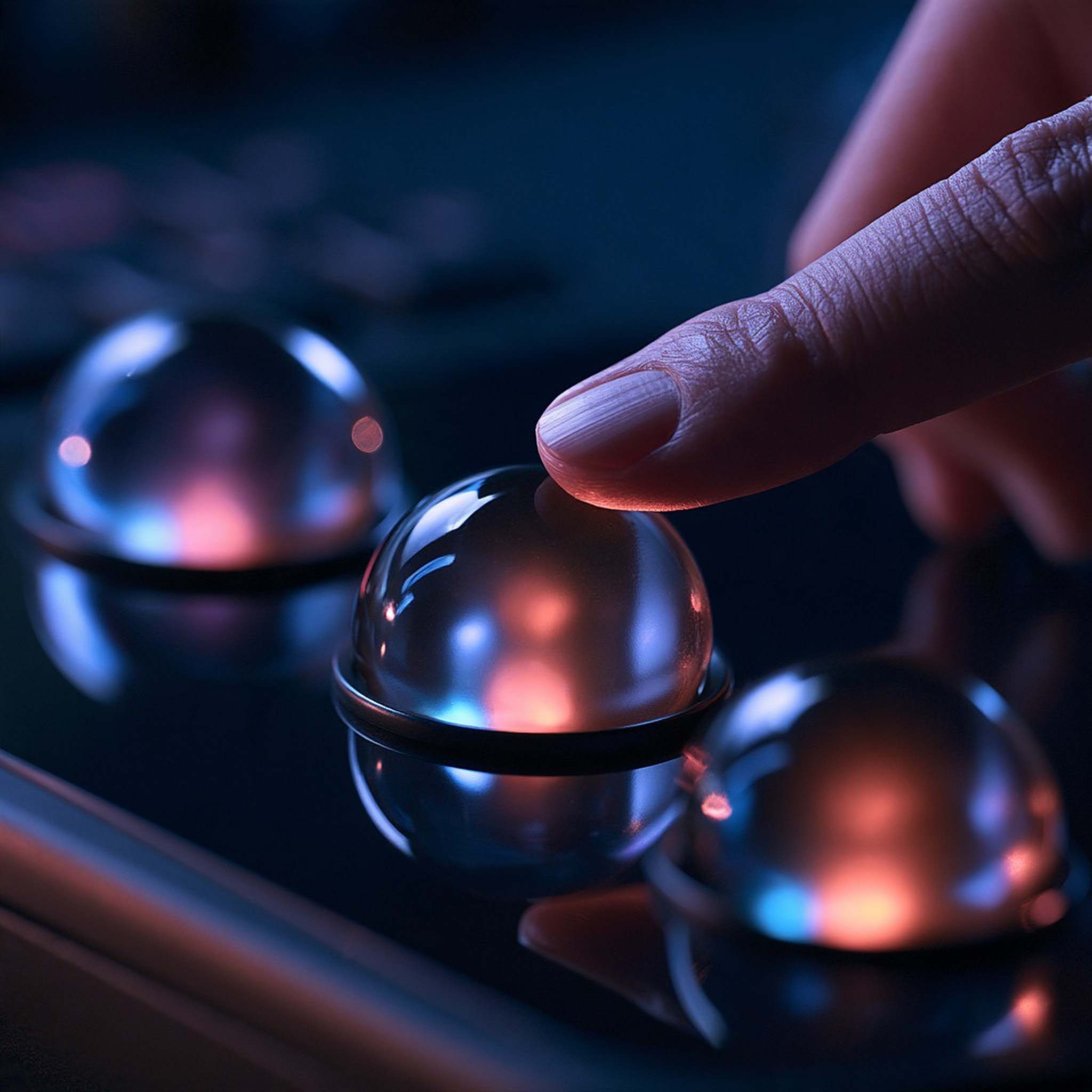 A fingertip rests on an illuminated colour-grading trackball.
