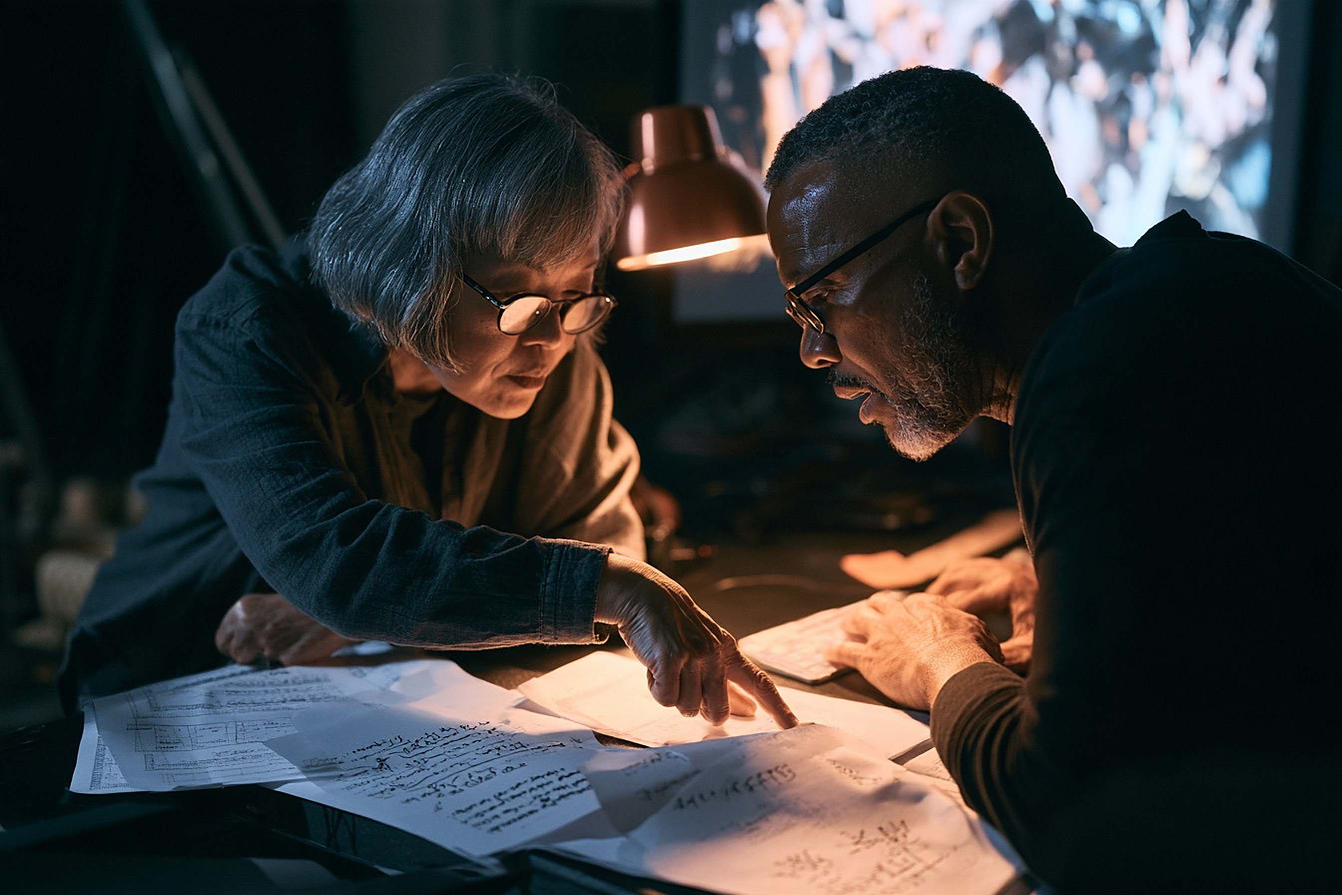 Two reviewers check a printed transcript together under a desk lamp.