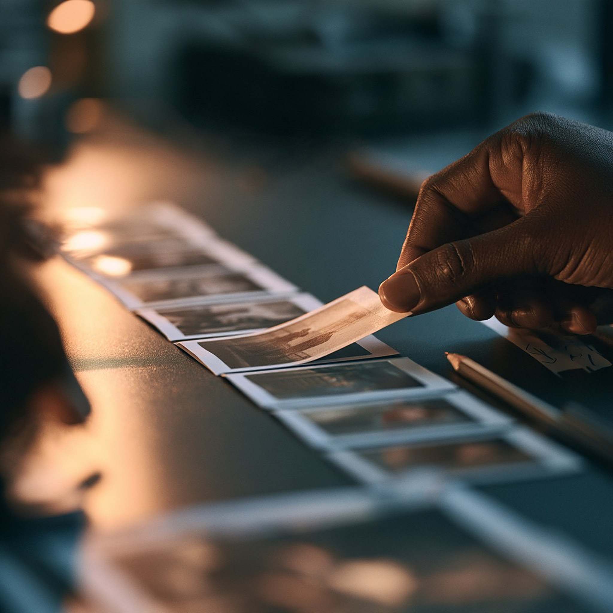 A hand lifts one printed frame from a row of stills on a desk.
