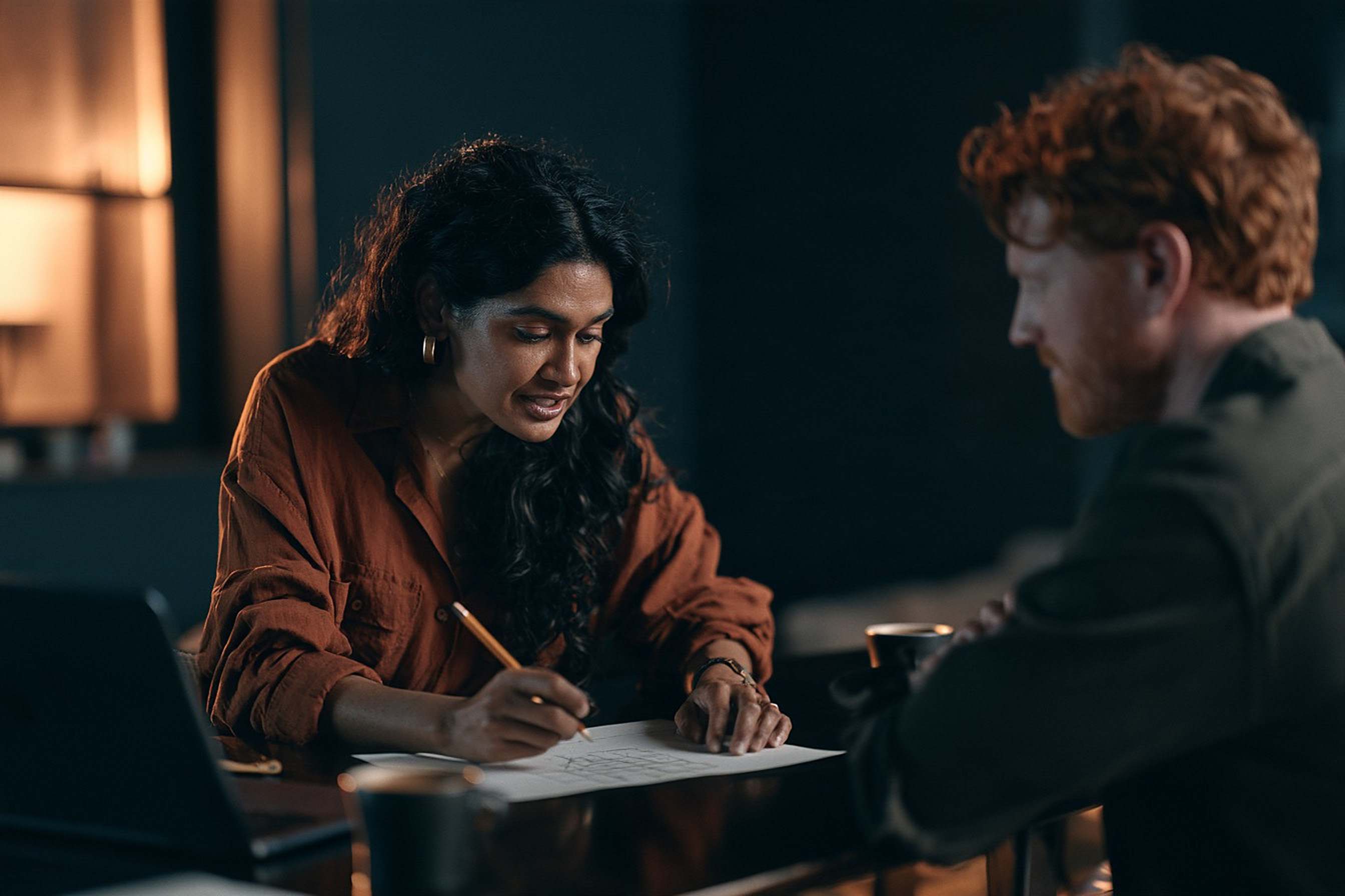 A producer sketches a plan on paper while a colleague listens across a wooden table.