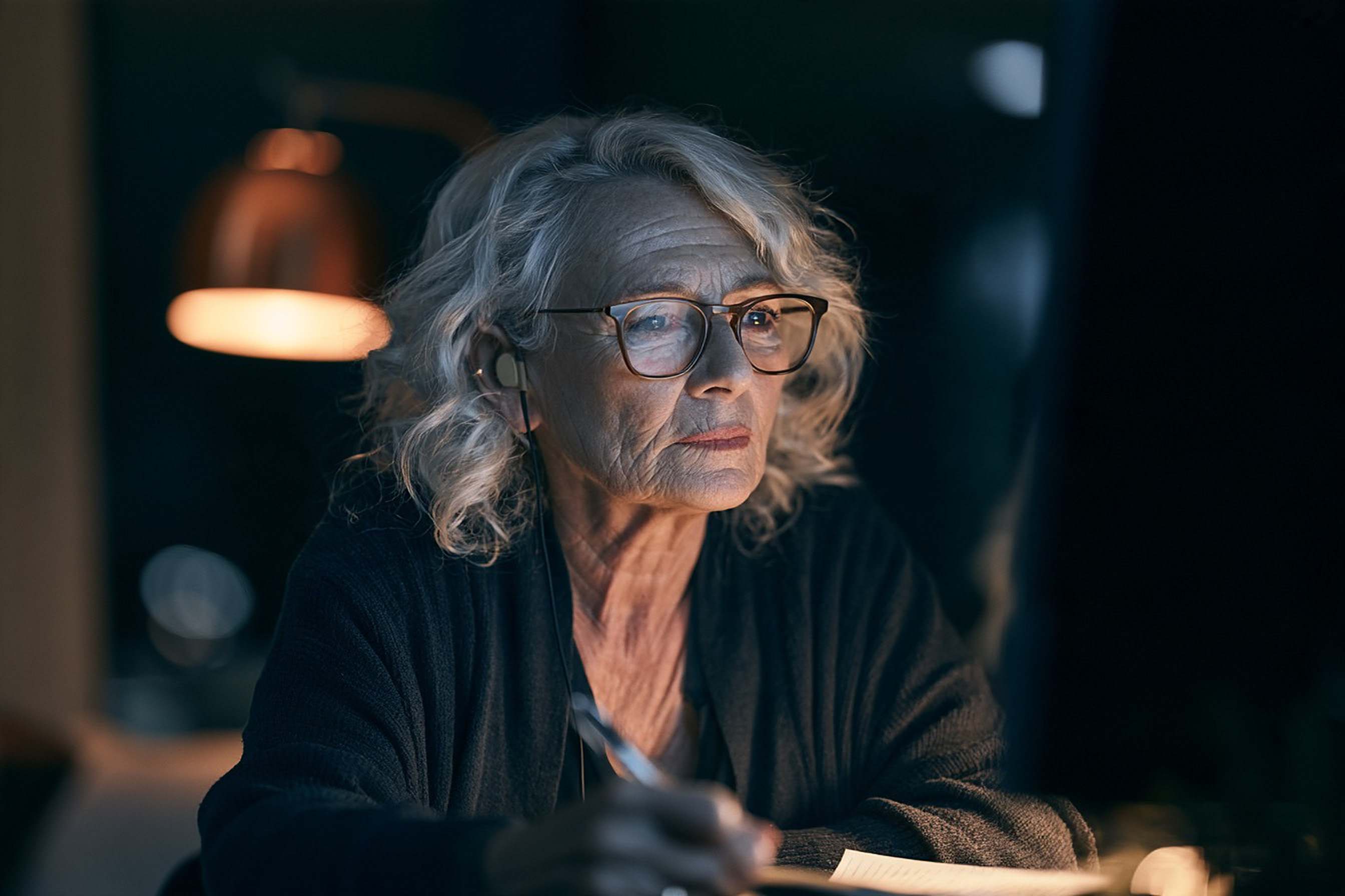 A quality-control lead watches a playback intently, pen poised over a checklist.