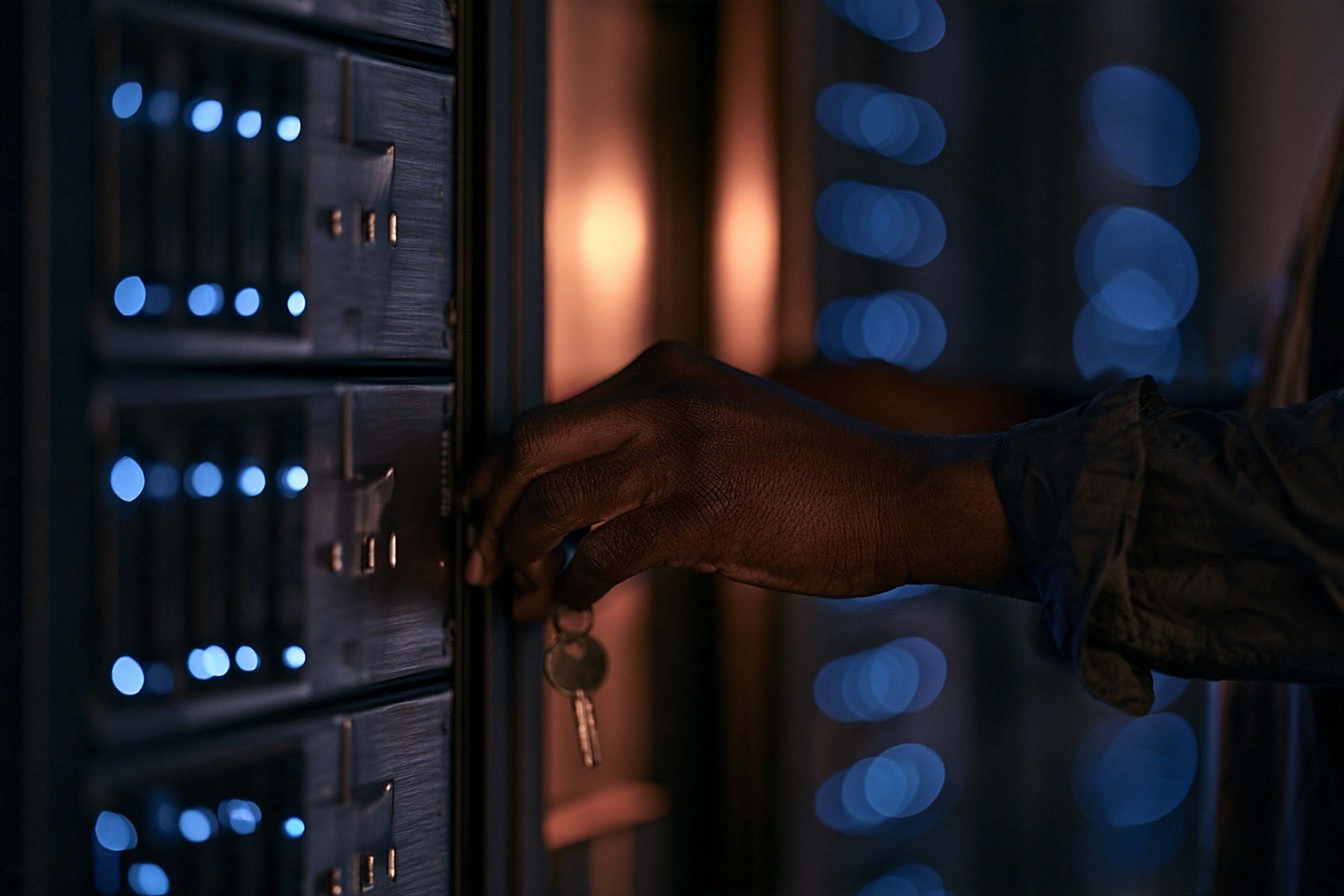 A hand locks a media storage cabinet with small blue status lights.