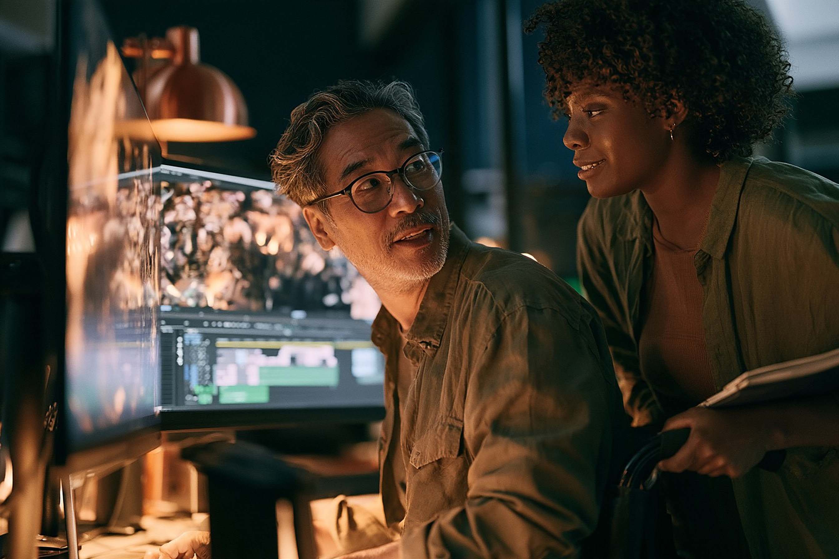 A senior editor turns from his monitors to talk through a cut with a colleague holding a notebook.