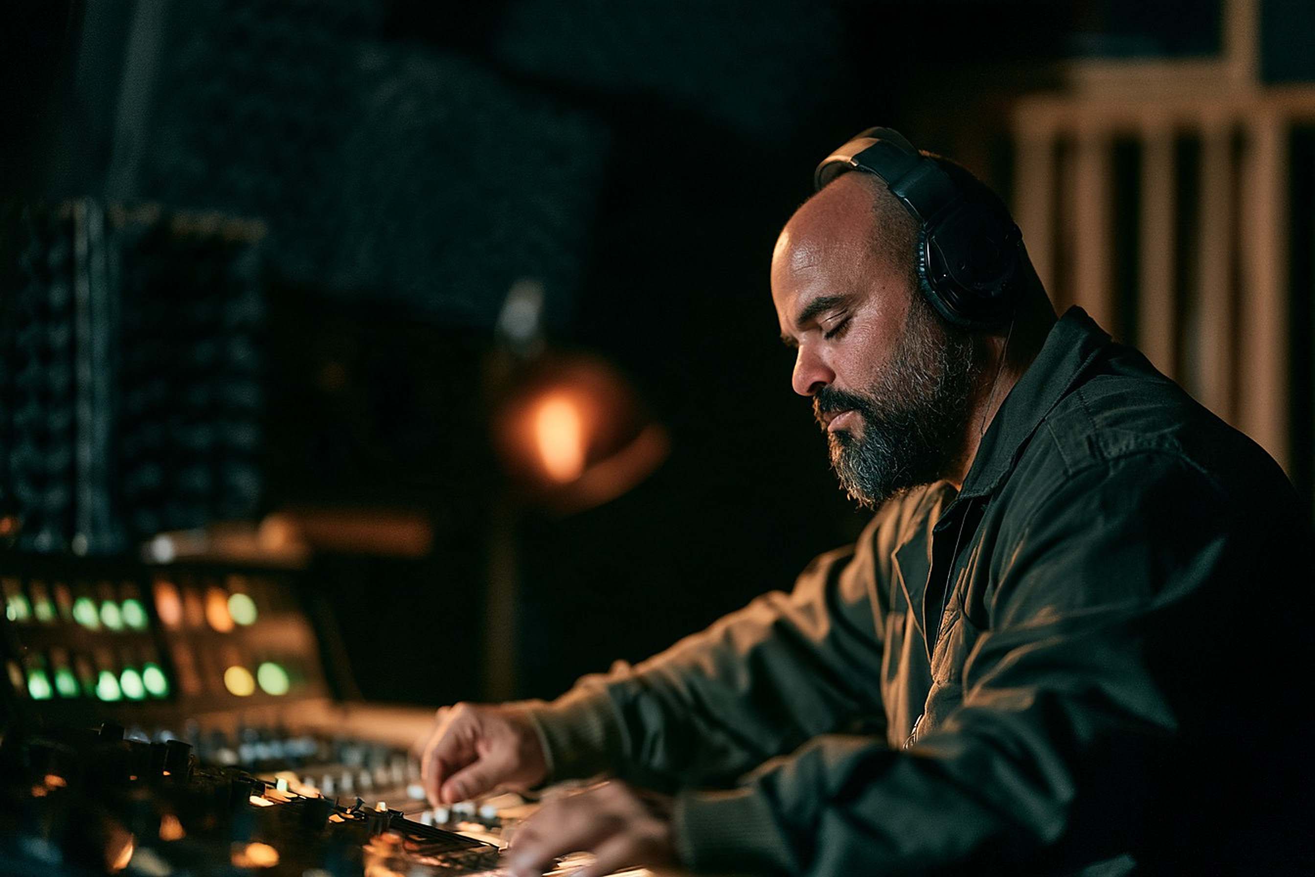 A sound mixer wearing headphones listens with eyes closed, one hand on the console.