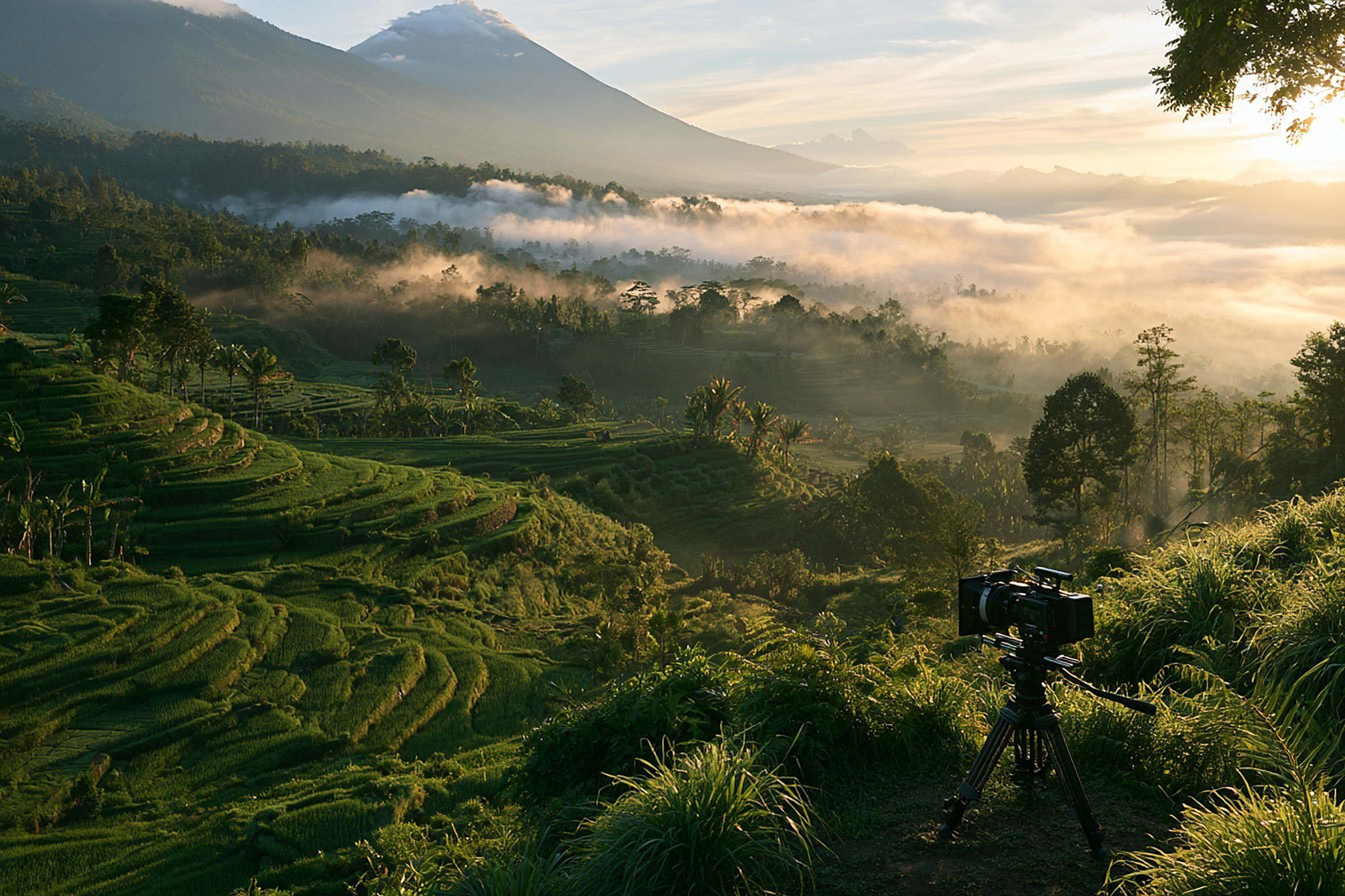 A cinema camera on a tripod overlooks misty green terraces and a distant volcano at dawn.