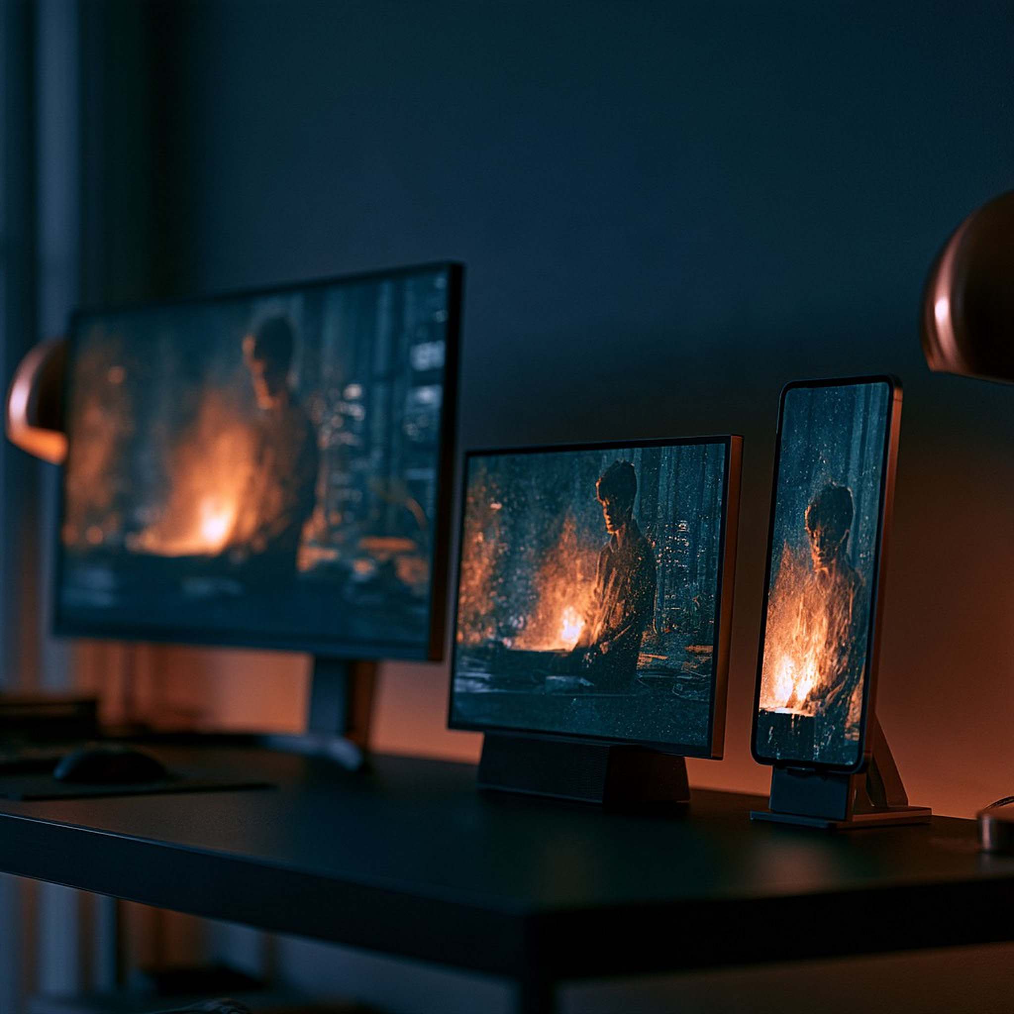 The same scene appears on a wide monitor, a smaller screen and a vertical phone.