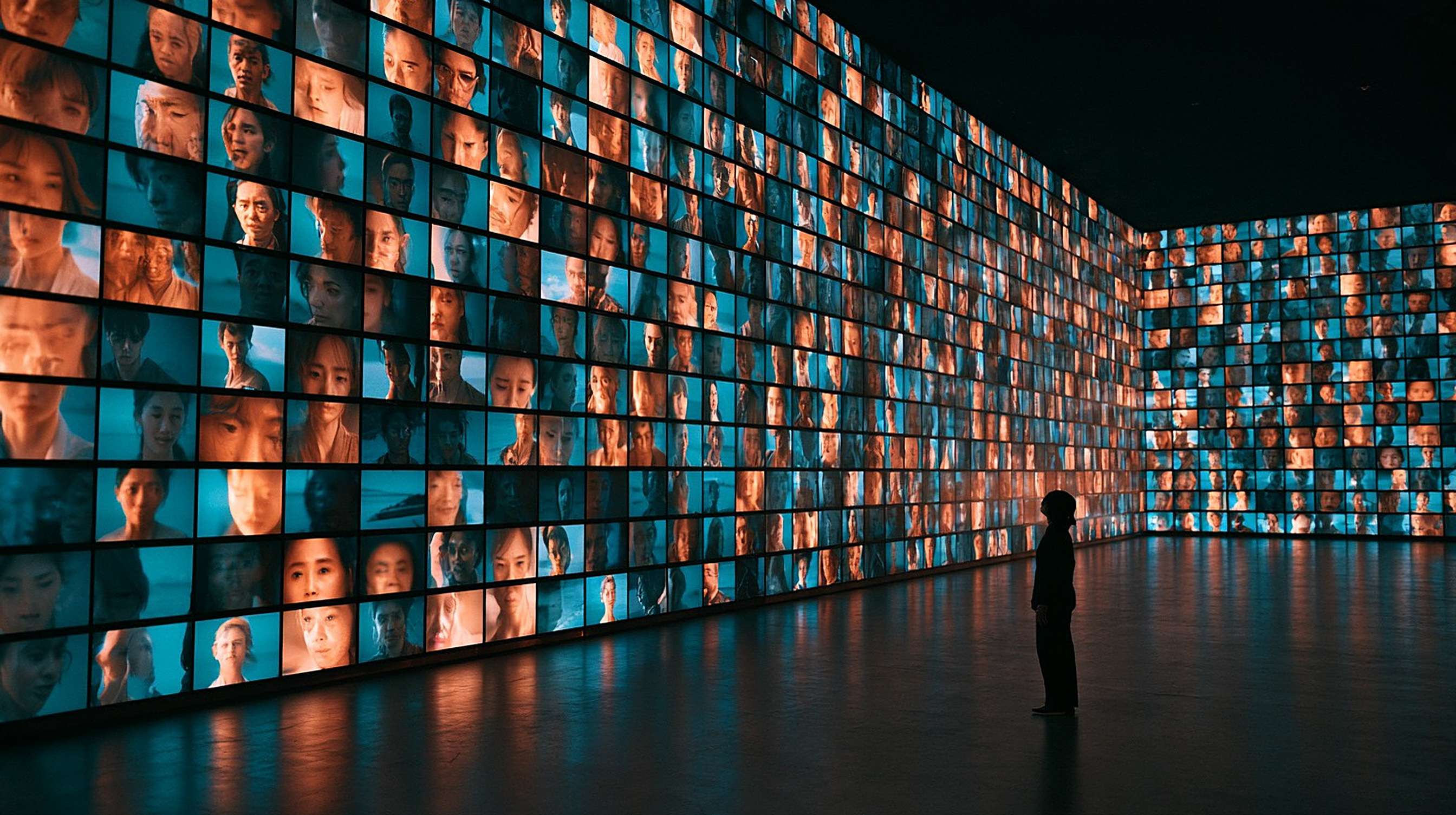 A vast wall of matching video frames glows in a dark room, all in the same colour grade, with one small figure looking on.